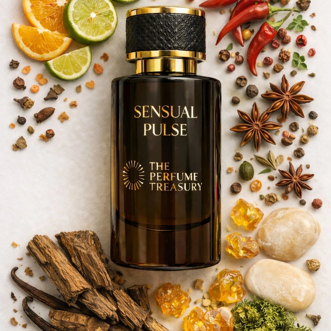 Sensual Pulse Extrait de Parfum bottle surrounded by citrus slices, spices, peppers, woods, amber resin and aromatic accords in a premium fragrance flat lay composition.