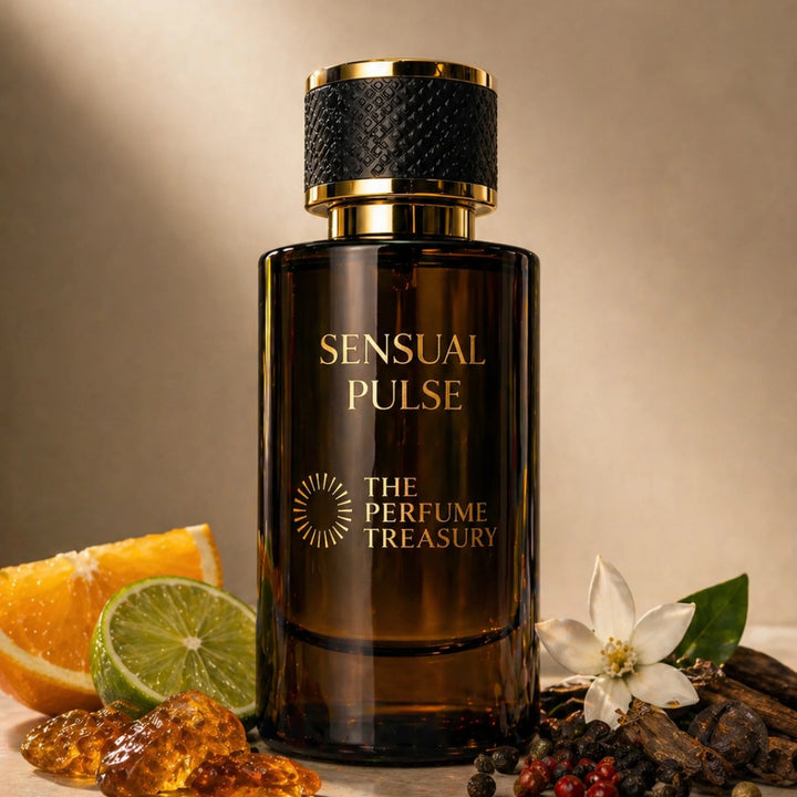 Sensual Pulse Extrait de Parfum by The Perfume Treasury displayed with citrus fruits, amber resin, spices, white florals and precious woods in a sophisticated woody citrus fragrance setting.