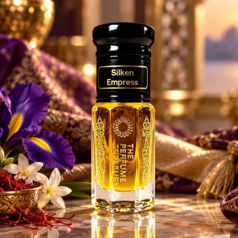 Silken Empress luxury perfume oil bottle with black lid and rich golden oil displayed among purple iris flowers, white florals, saffron and opulent gold and purple fabrics