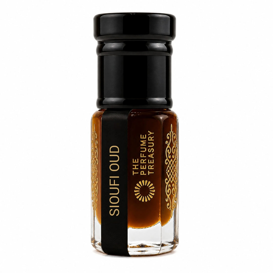 Sioufi Oud perfume oil 3ml bottle with rich brown oil and elegant gold detailing.