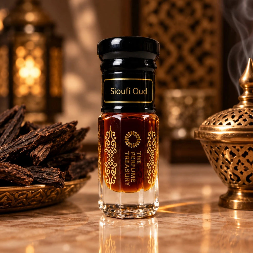 Sioufi Oud perfume oil by The Perfume Treasury displayed with dark oud wood and an ornate incense burner in a warm golden setting.