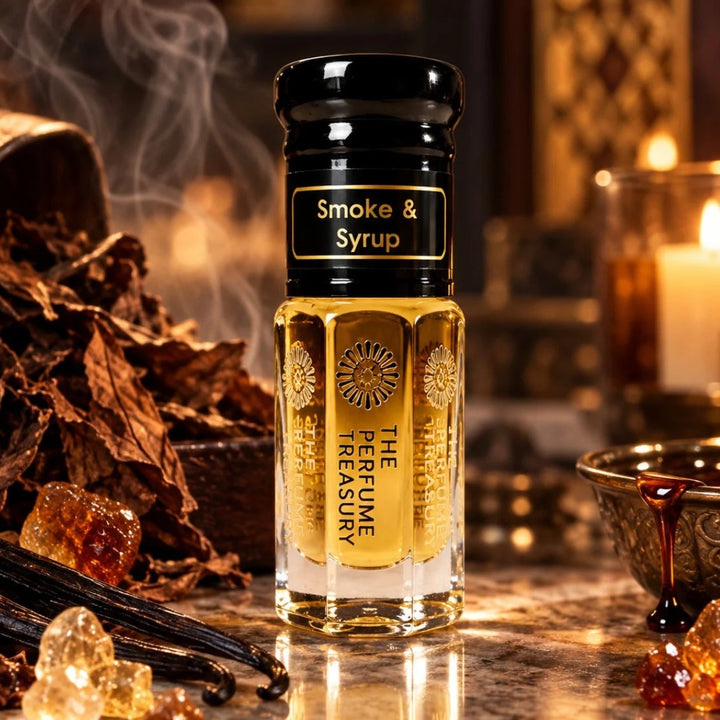 Smoke &amp; Syrup luxury perfume oil bottle with glossy black lid and golden fragrance oil displayed with smoky tobacco leaves, vanilla pods, amber crystals and syrup in a warm candlelit setting