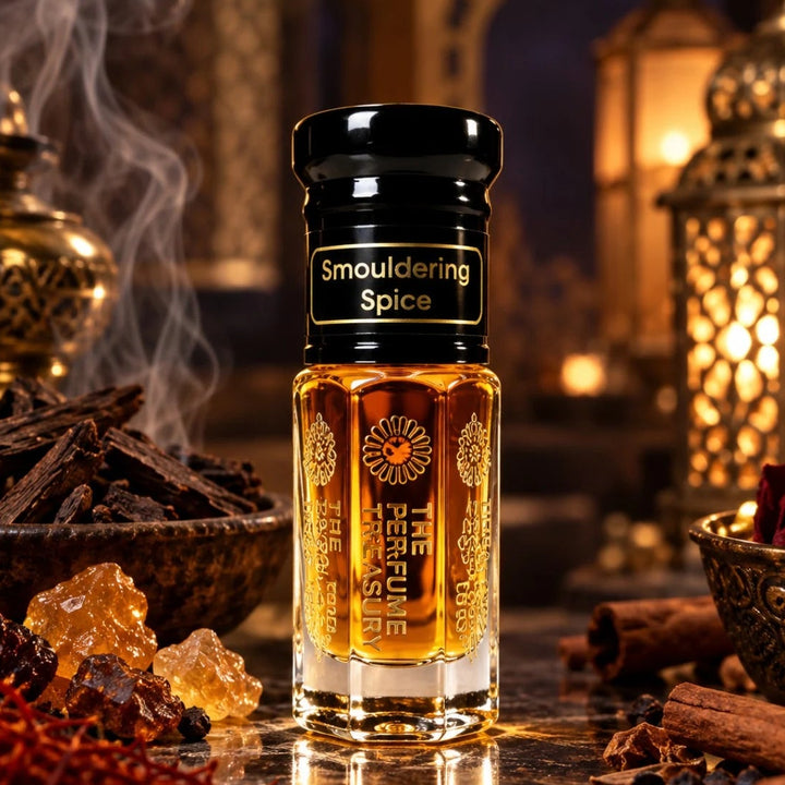 Smouldering Spice luxury perfume oil bottle with glossy black lid and deep amber fragrance oil surrounded by smoky woods, cinnamon, saffron, peppercorns and amber crystals in a warm lantern-lit setting