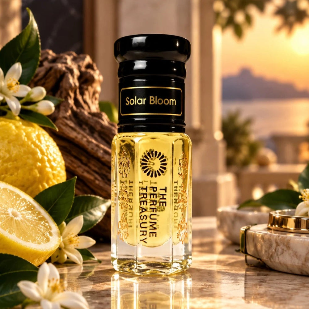 Solar Bloom luxury perfume oil by The Perfume Treasury in a clear glass bottle with golden fragrance oil and glossy black lid, surrounded by fresh lemon, white citrus blossoms, green leaves and warm golden sunlight
