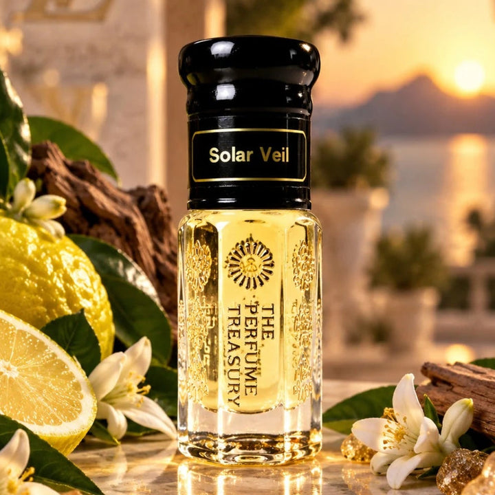 Solar Veil luxury perfume oil by The Perfume Treasury displayed with bright citrus, white blossoms, amber crystals and warm woods against a golden sunset setting