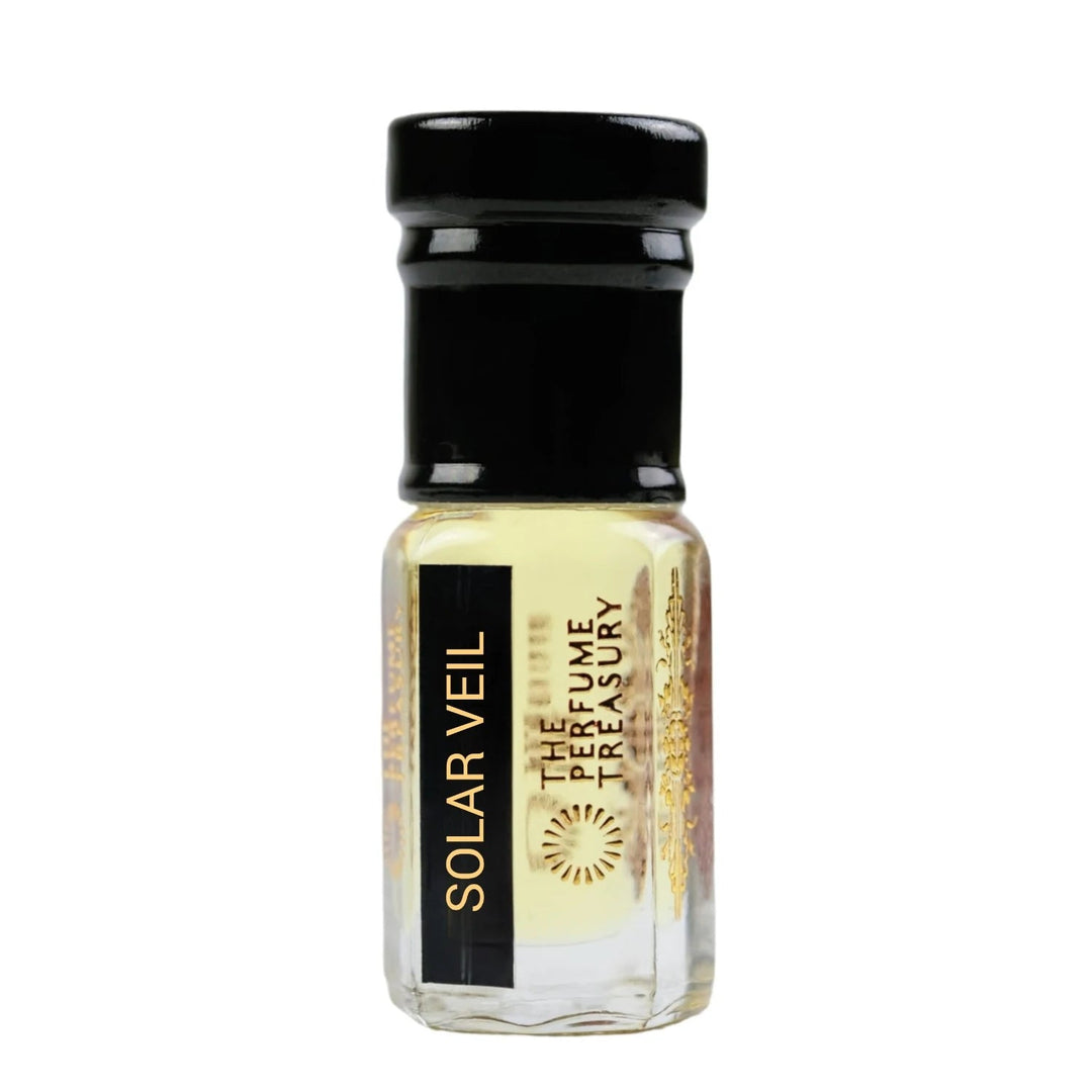 Solar Veil perfume oil by The Perfume Treasury in a clear glass bottle with pale golden fragrance oil, glossy black lid and black gold label on a clean white background