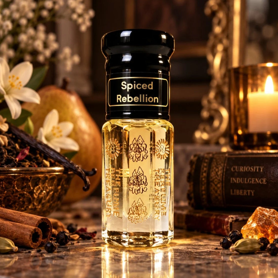Spiced Rebellion luxury perfume oil by The Perfume Treasury displayed with cinnamon, vanilla, spices, white blossoms and amber accents in an elegant candlelit setting