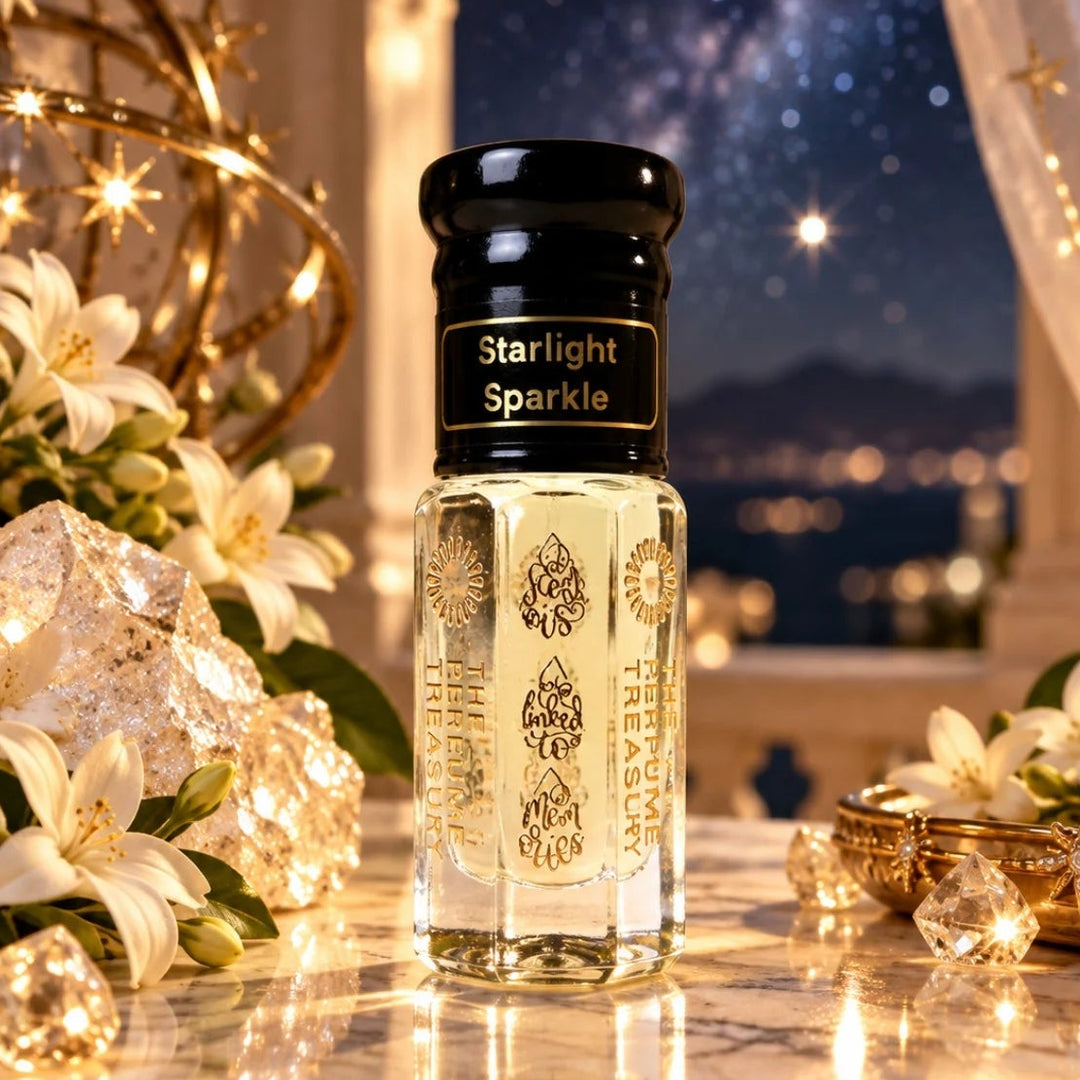 Starlight Sparkle perfume oil by The Perfume Treasury surrounded by white flowers, sparkling crystals and golden celestial accents beneath an elegant starry night sky