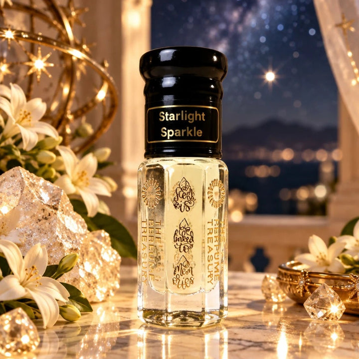 Starlight Sparkle perfume oil by The Perfume Treasury surrounded by white flowers, sparkling crystals and golden celestial accents beneath an elegant starry night sky