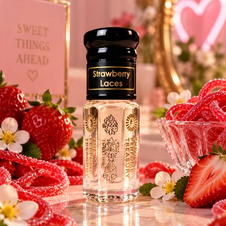 Strawberry Laces perfume oil by The Perfume Treasury displayed with fresh strawberries, red strawberry lace sweets and white flowers in a playful pink setting