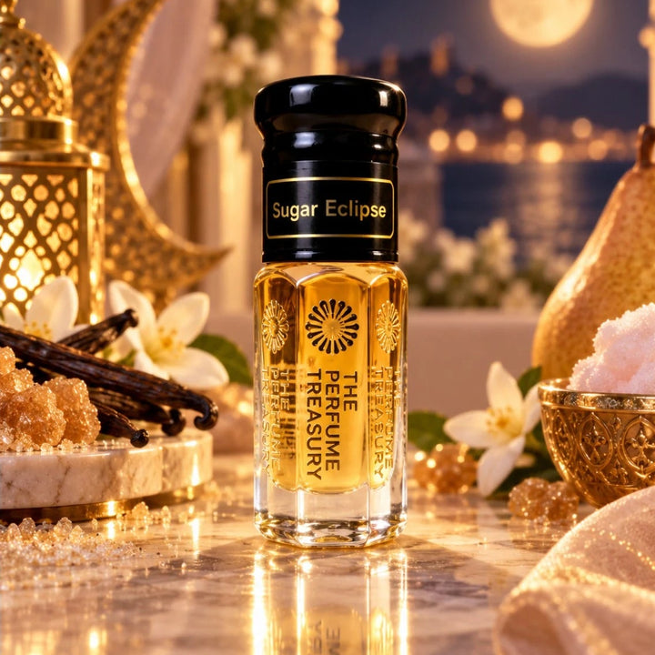 Sugar Eclipse perfume oil by The Perfume Treasury displayed with vanilla, sugar crystals, white flowers and golden accents in a luxurious moonlit setting