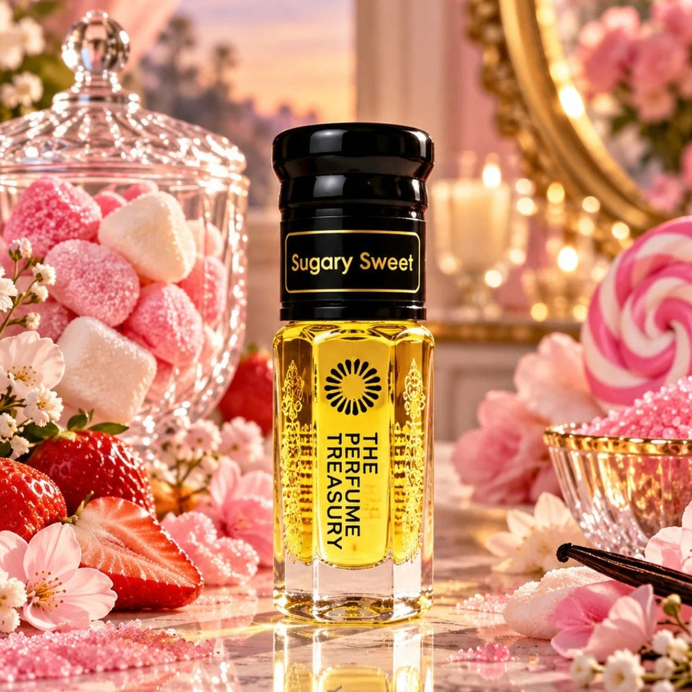 Sugary Sweet attar perfume oil by The Perfume Treasury displayed with strawberries, pink sweets, sugar crystals, vanilla and delicate flowers in a luxurious pink setting