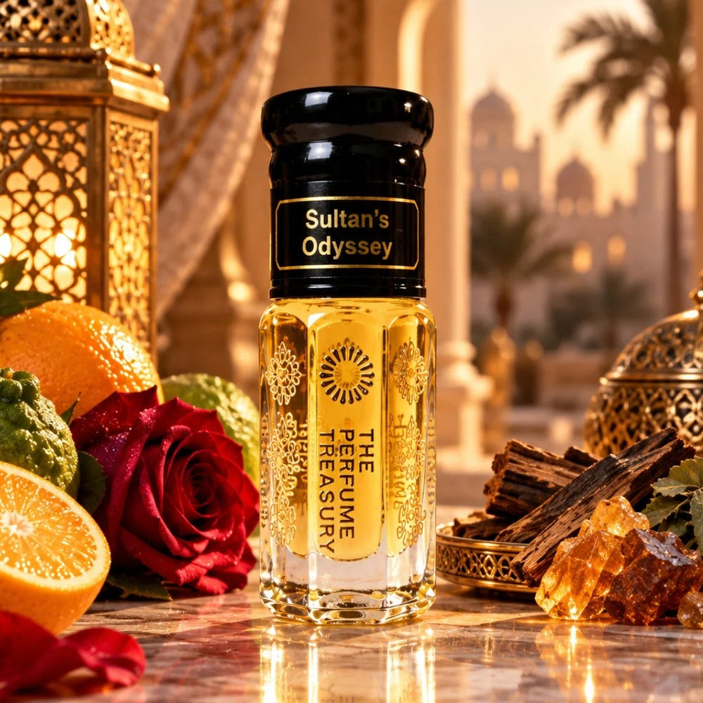 Sultan’s Odyssey perfume oil by The Perfume Treasury displayed with citrus fruits, red roses, rich woods and amber crystals in a luxurious Arabian-inspired setting at sunset