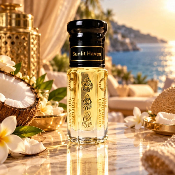 Sunlit Haven perfume oil by The Perfume Treasury displayed in a luxurious sunlit coastal setting with coconut, white tropical flowers and golden accents overlooking the sea.
