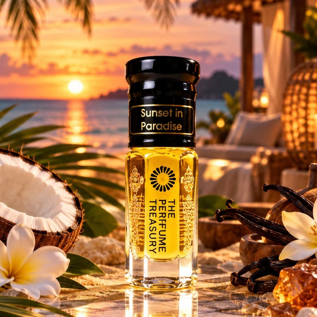 Sunset in Paradise perfume oil by The Perfume Treasury displayed with coconut, vanilla, tropical flowers and amber crystals in a luxurious beach setting at sunset