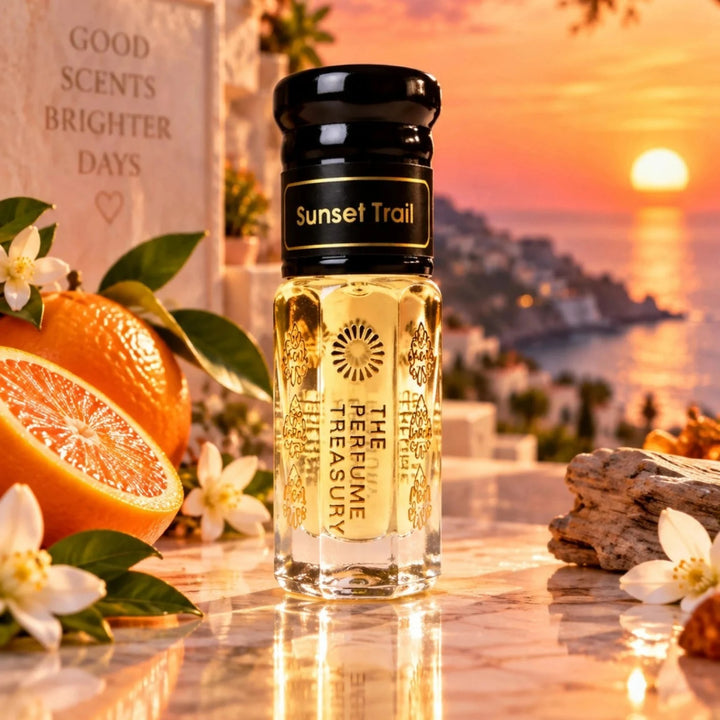 Sunset Trail perfume oil by The Perfume Treasury displayed in a luxurious coastal sunset setting with orange blossom, citrus and warm golden light.