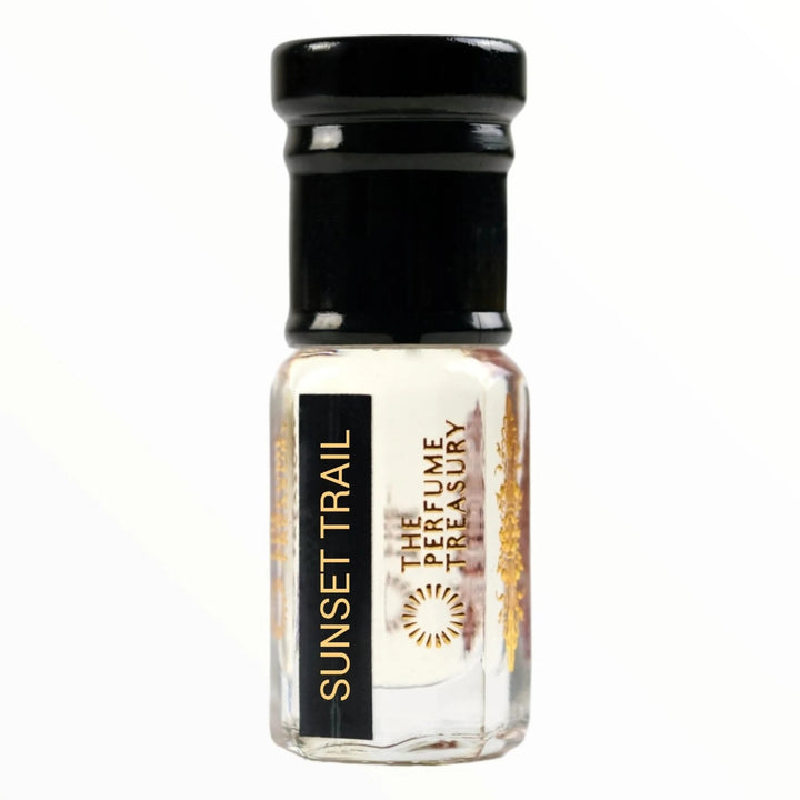 Sunset Trail perfume oil by The Perfume Treasury in a clear glass bottle with black cap and signature black and gold label.