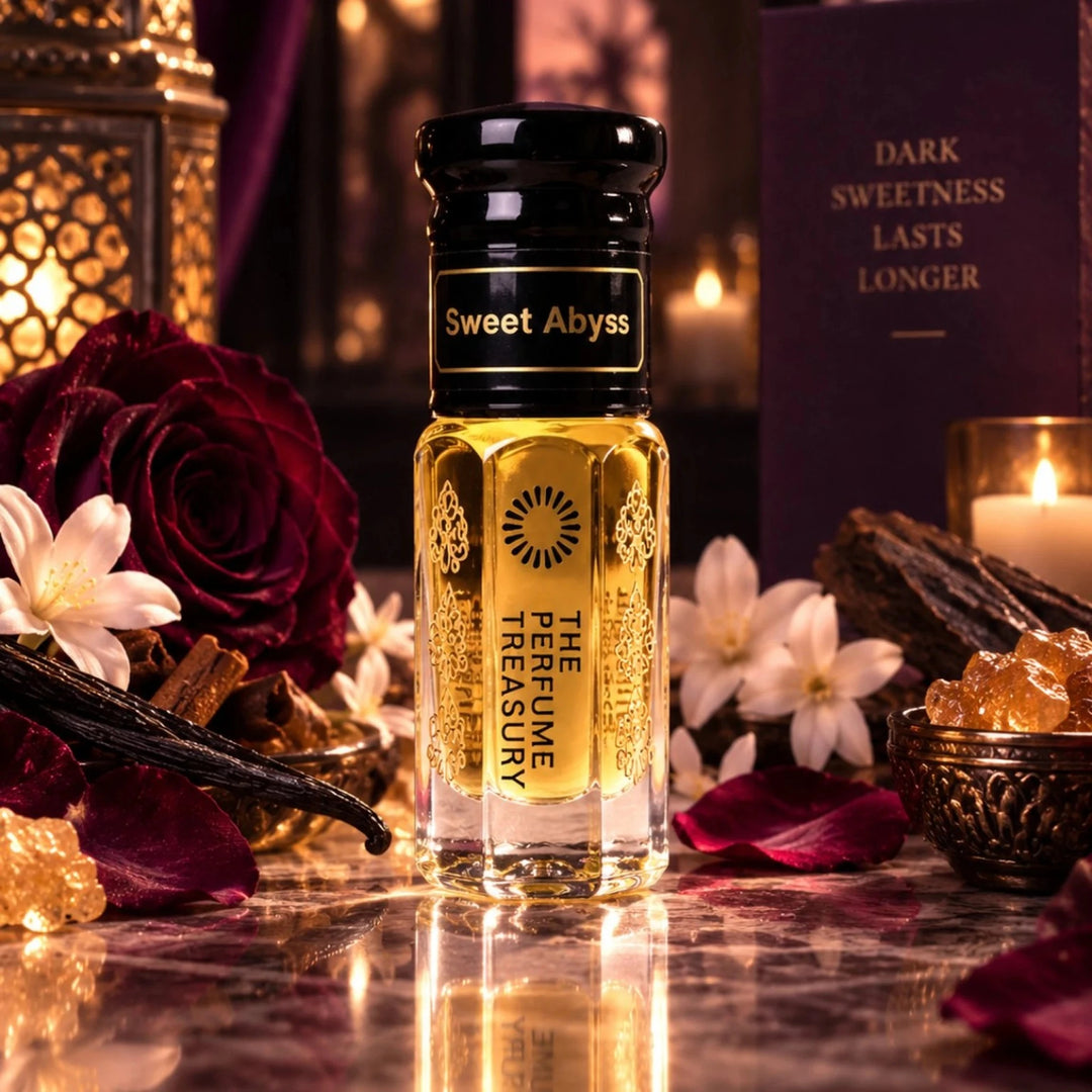 Sweet Abyss perfume oil by The Perfume Treasury displayed in a dark luxurious setting with red roses, vanilla, florals, amber and warm candlelight.