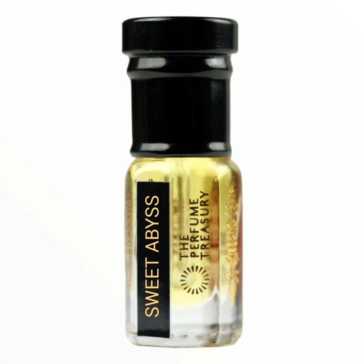 Sweet Abyss perfume oil by The Perfume Treasury in a clear glass bottle with black cap and signature black and gold label.
