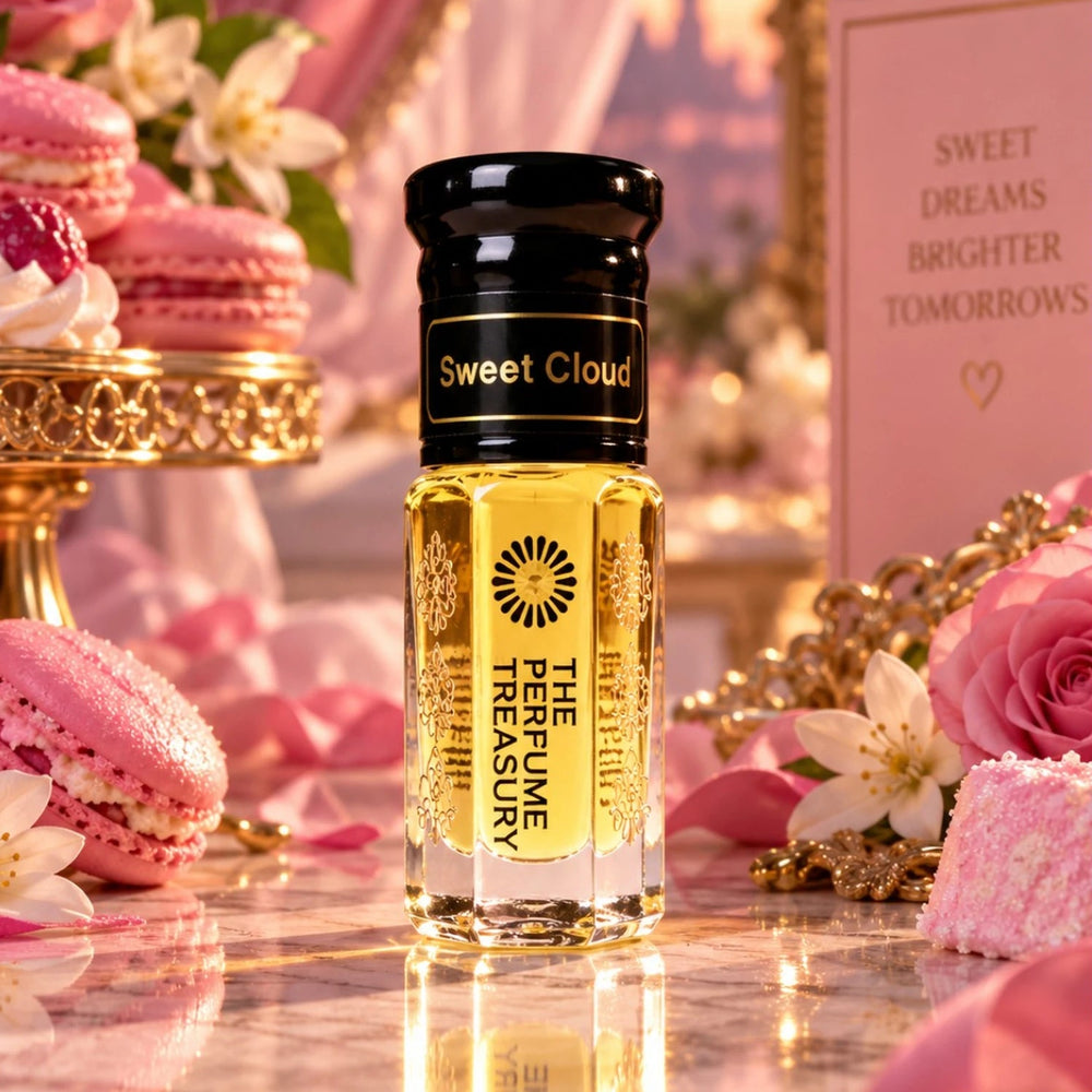 Sweet Cloud perfume oil by The Perfume Treasury displayed in a luxurious pink setting with roses, macarons, sweet treats and warm golden light.
