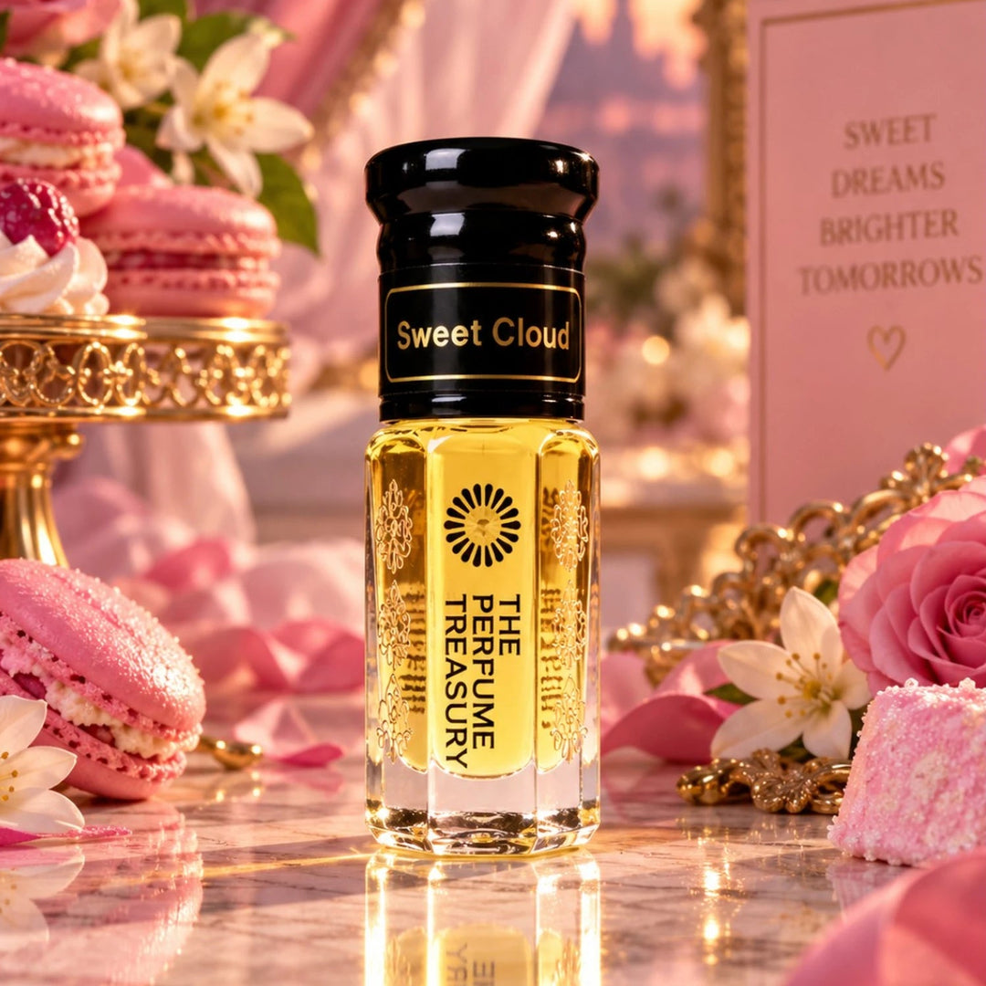 Sweet Cloud perfume oil by The Perfume Treasury displayed in a luxurious pink setting with roses, macarons, sweet treats and warm golden light.