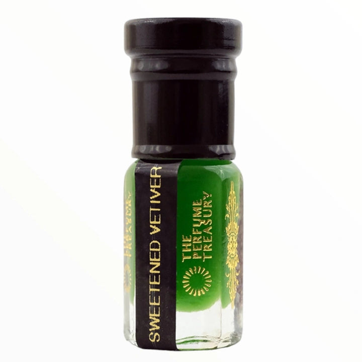 Sweetened Vetiver Musk Tahara perfume oil bottle by The Perfume Treasury with rich green vetiver musk oil on a clean white background.