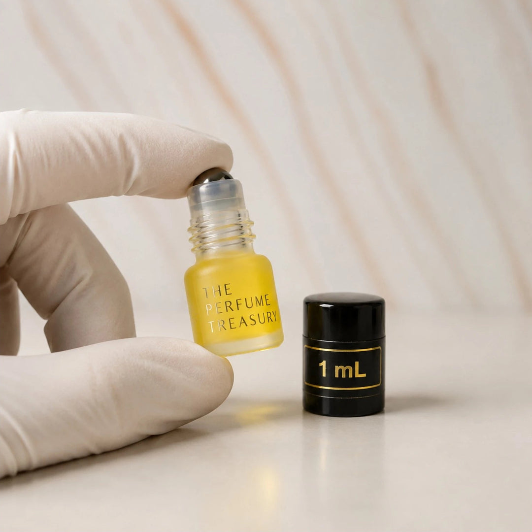 Close-up macro of The Perfume Treasury roll-on attar perfume oil bottle held with white glove, showing smooth golden oil texture and compact luxury design, long lasting attar perfume oil in frosted glass bottle with black cap.