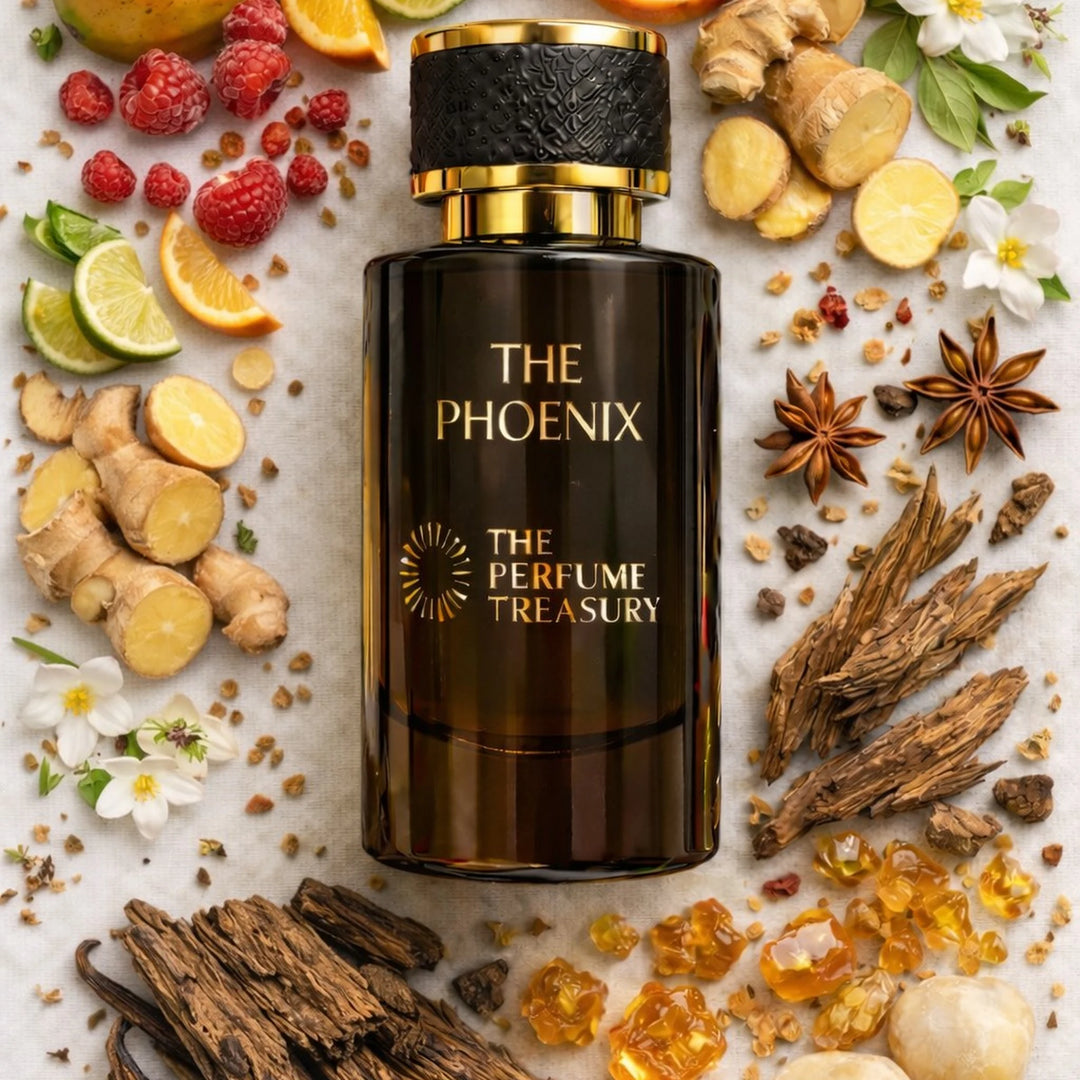 The Phoenix Extrait de Parfum bottle displayed among mango, ginger, citrus fruits, berries, oud wood and amber resin ingredients in a luxury flat lay fragrance composition.