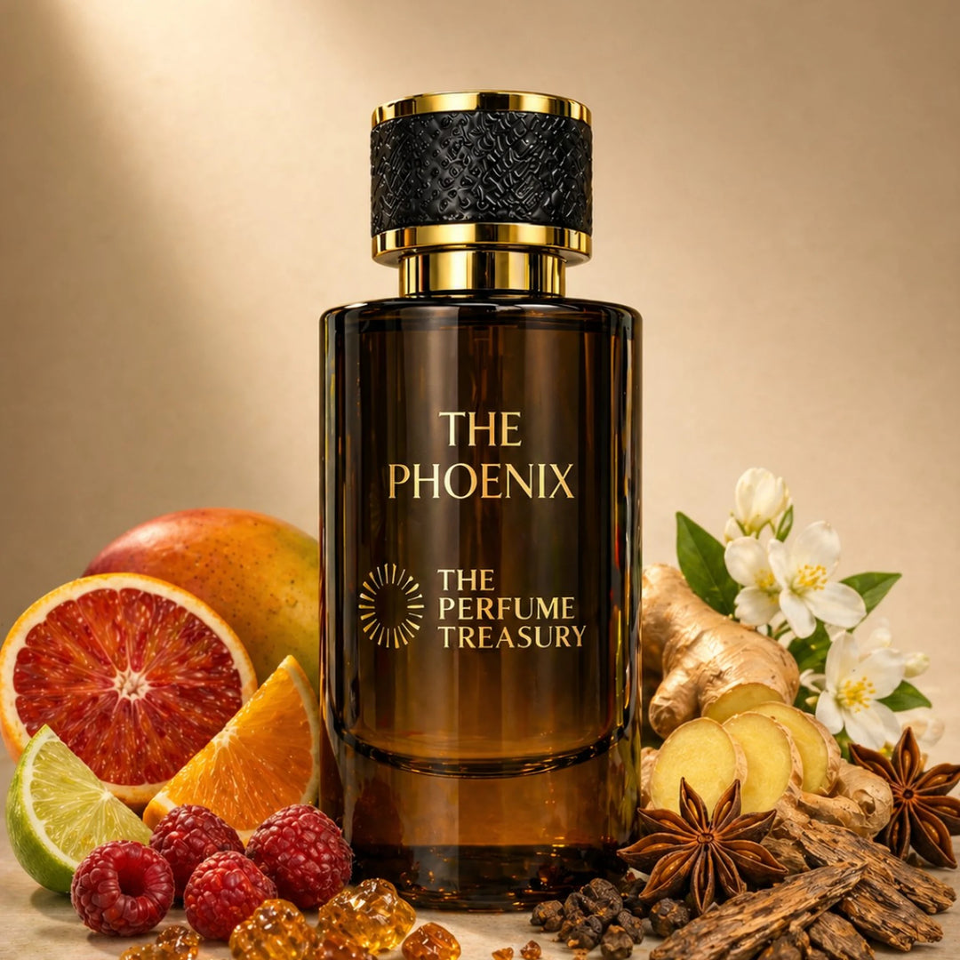 The Phoenix Extrait de Parfum by The Perfume Treasury displayed with blood orange, mango, raspberry, ginger, citrus fruits, oud wood, star anise and amber resins, reflecting a vibrant fruity woody fragrance composition.