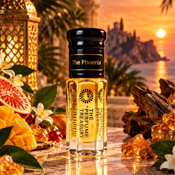 The Phoenix perfume oil by The Perfume Treasury displayed in a luxurious sunset setting with mango, citrus, amber, woods and warm golden light.