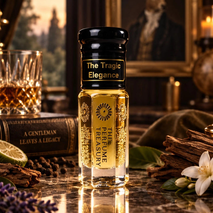 The Tragic Elegance perfume oil displayed in a luxurious dark wood setting with citrus, florals and warm amber tones