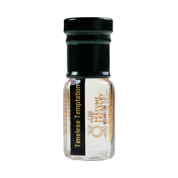 Timeless Temptation perfume oil by The Perfume Treasury in a clear glass bottle with black and gold label