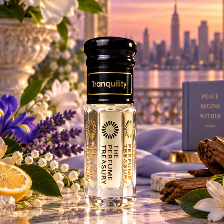 Tranquility perfume oil displayed with white florals, lavender, citrus and a softly lit city skyline
