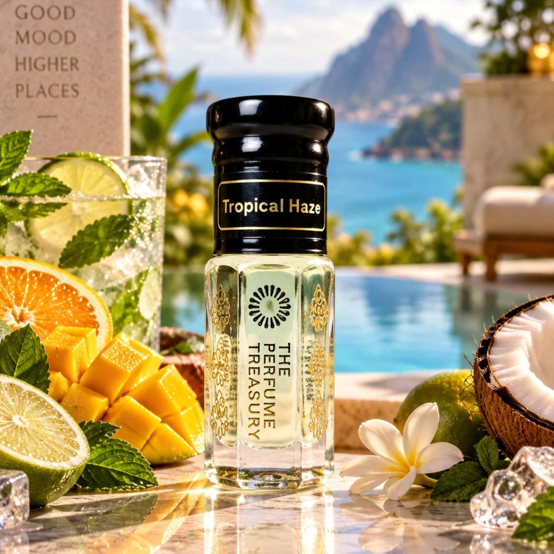 Tropical Haze perfume oil displayed in a tropical setting with mango, citrus, coconut, mint and a luxury poolside backdrop