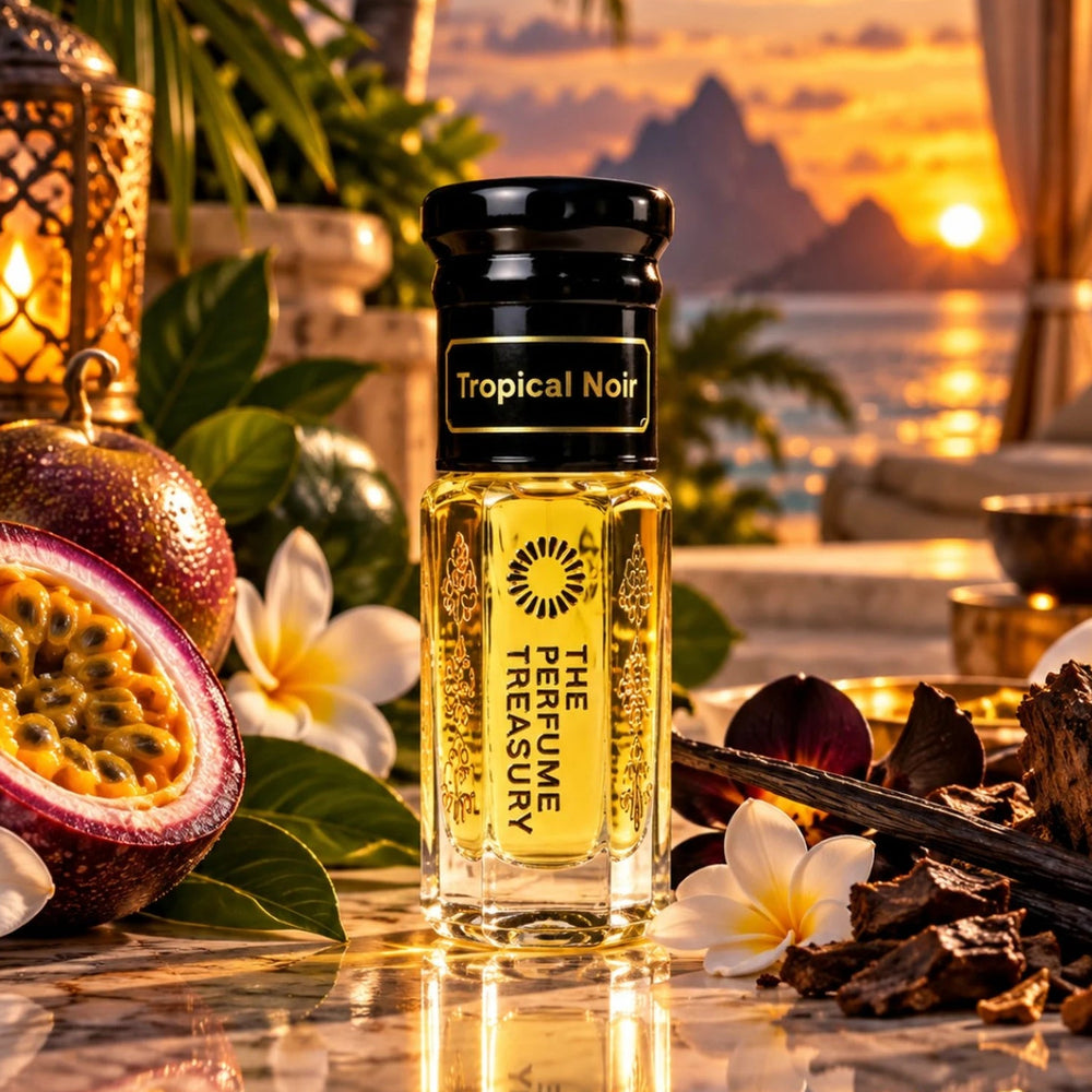 A bottle of Tropical Noir perfume oil by The Perfume Treasury is displayed on a marble surface with tropical props like a halved passion fruit, white flowers, and dried botanicals, set against a warm sunset beach background.