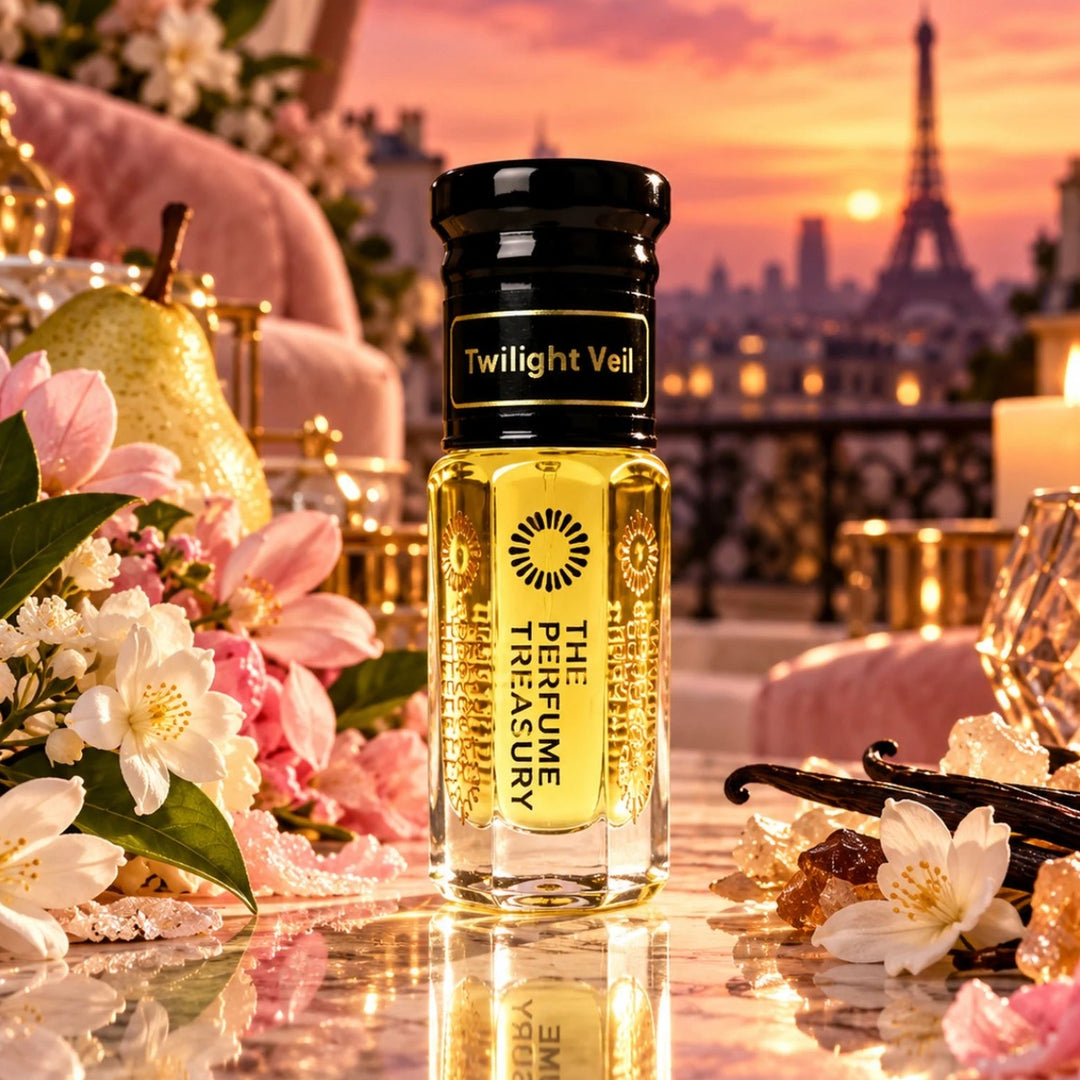 Twilight Veil perfume oil displayed with pink and white flowers, vanilla and a luxury Paris sunset backdrop