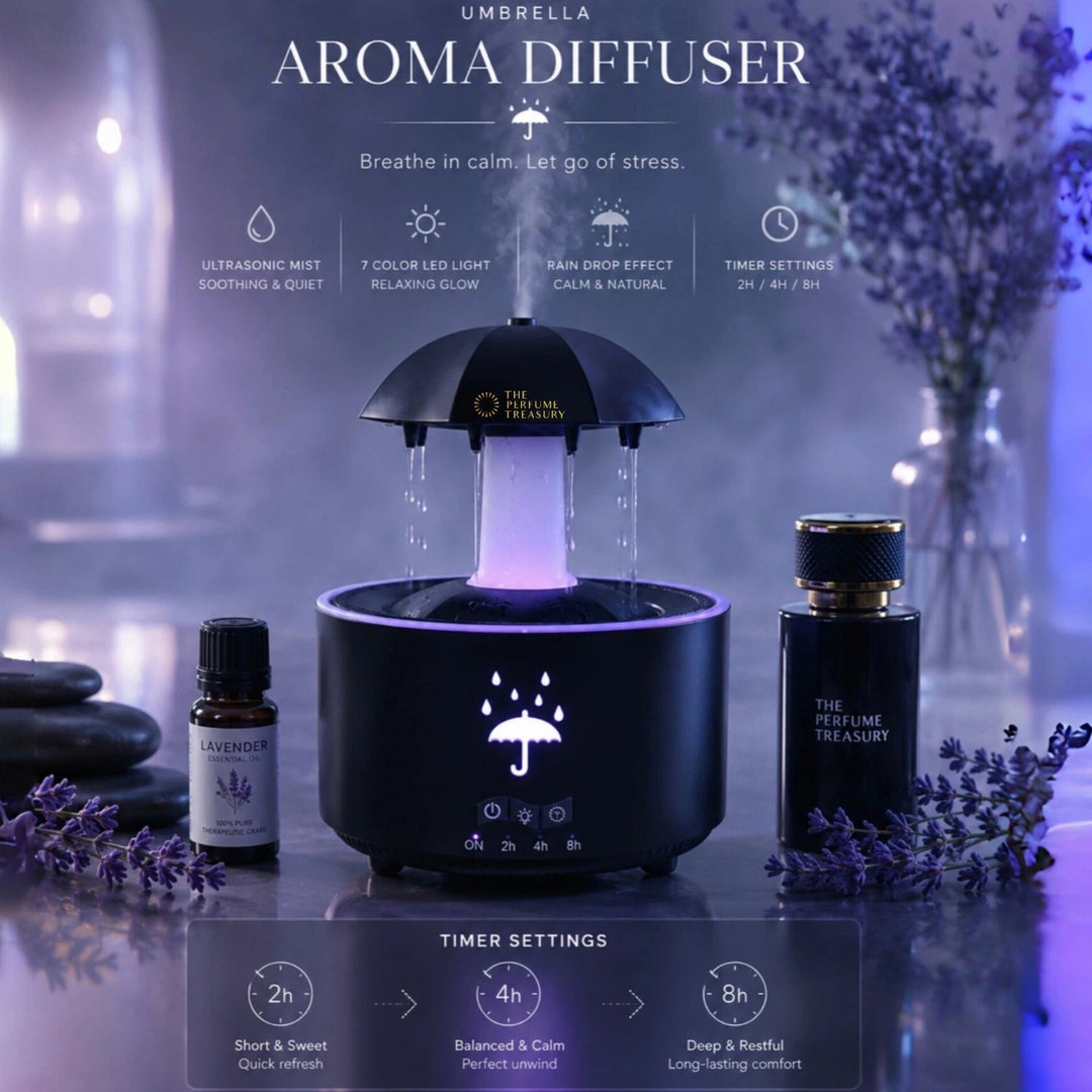 Luxury umbrella aroma diffuser with ultrasonic mist, realistic rain drop effect, 7 color LED lighting and adjustable timer settings in a calming lavender spa atmosphere.
