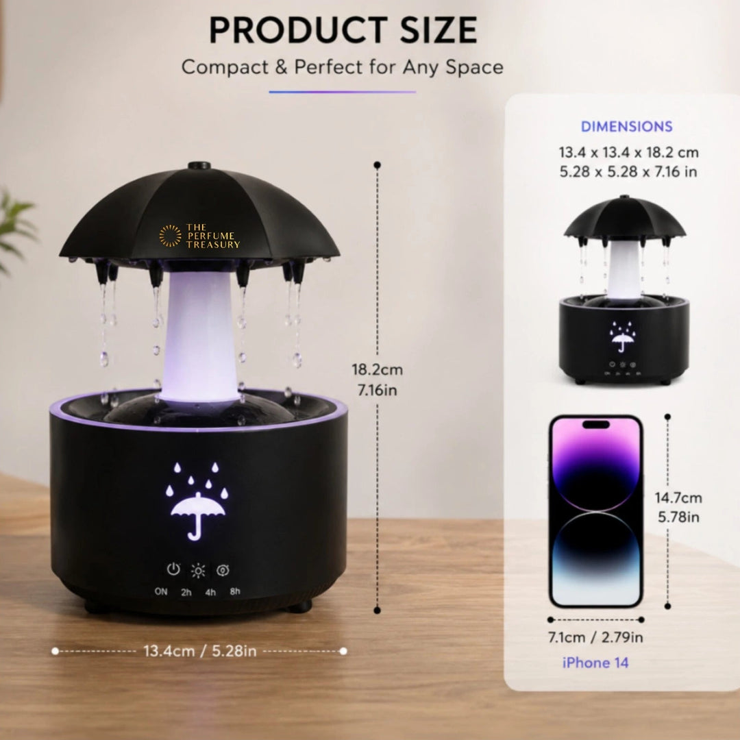 Product size guide for umbrella aroma diffuser showing dimensions, compact tabletop design and comparison with smartphone for scale reference.