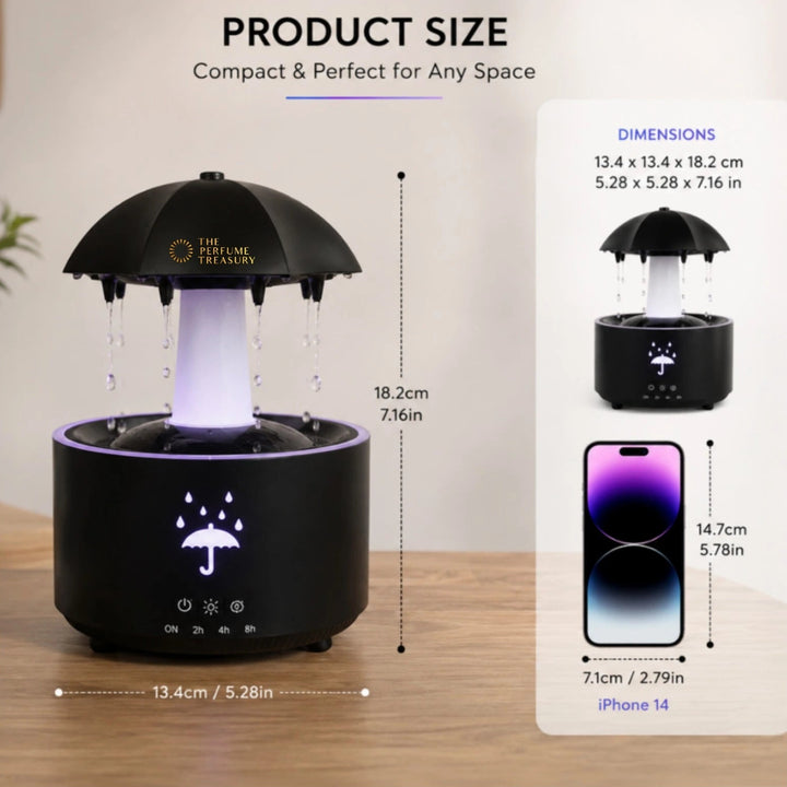 Product size guide for umbrella aroma diffuser showing dimensions, compact tabletop design and comparison with smartphone for scale reference.