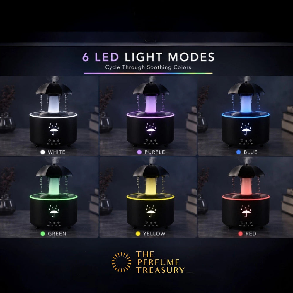 Umbrella aroma diffuser displaying multiple LED light color modes including white, purple, blue, green, yellow and red for relaxing aromatherapy ambiance.