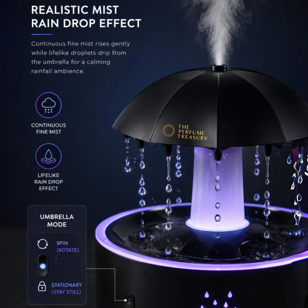 Close-up of umbrella aroma diffuser showcasing continuous fine mist, lifelike rain drop effect and rotating or stationary umbrella mode for calming home ambiance.