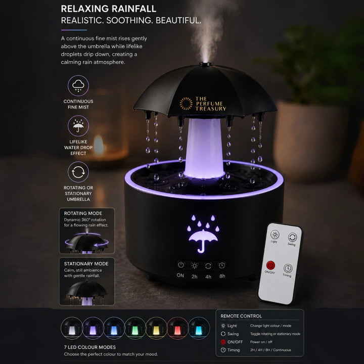 Premium umbrella ultrasonic aroma diffuser with realistic rain drop effect, rotating umbrella mode, remote control, continuous fine mist and 7 LED color settings.