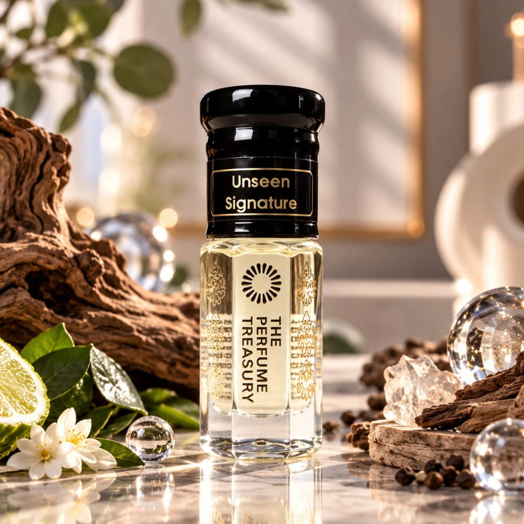 Unseen Signature perfume oil displayed with woods, citrus, flowers and crystal accents