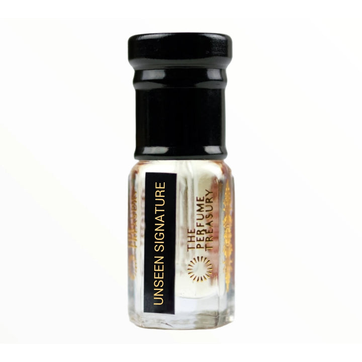 Unseen Signature perfume oil by The Perfume Treasury in a clear glass bottle with black and gold label