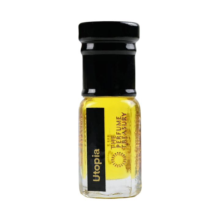 Utopia perfume oil by The Perfume Treasury in a clear glass bottle with black and gold label