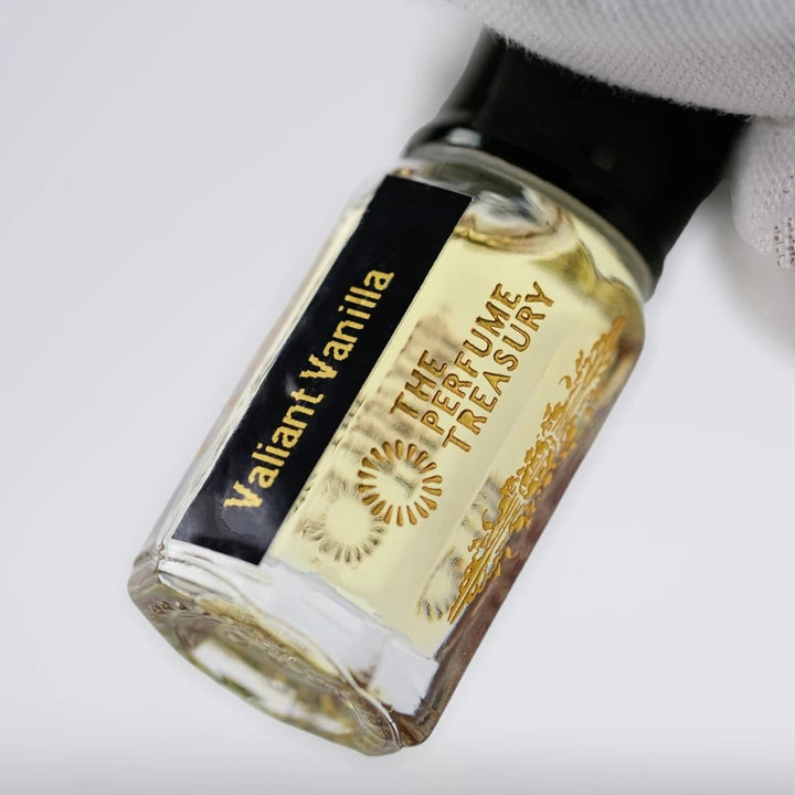 Close-up of Valiant Vanilla perfume oil by The Perfume Treasury showing the bottle and branded label