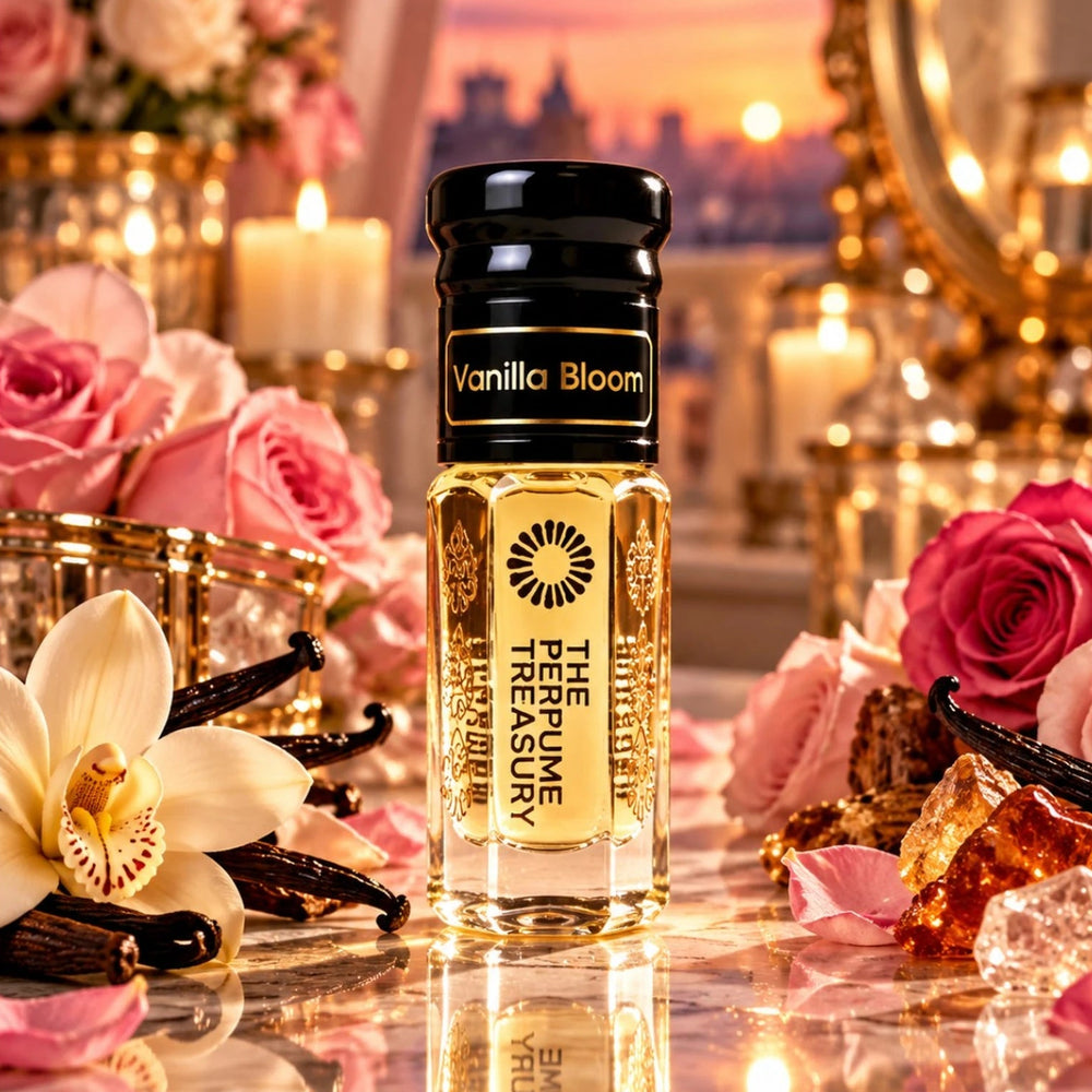 Vanilla Bloom perfume oil displayed with vanilla pods, pink roses, flowers and warm luxury décor