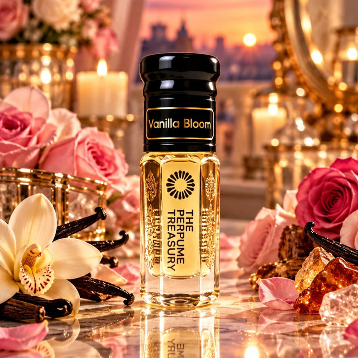 Vanilla Bloom perfume oil displayed with vanilla pods, pink roses, flowers and warm luxury décor