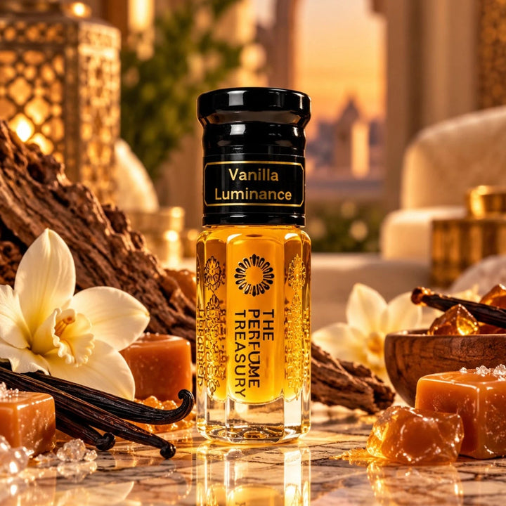 Vanilla Luminance perfume oil displayed with vanilla pods, vanilla flowers, caramel and warm luxury décor