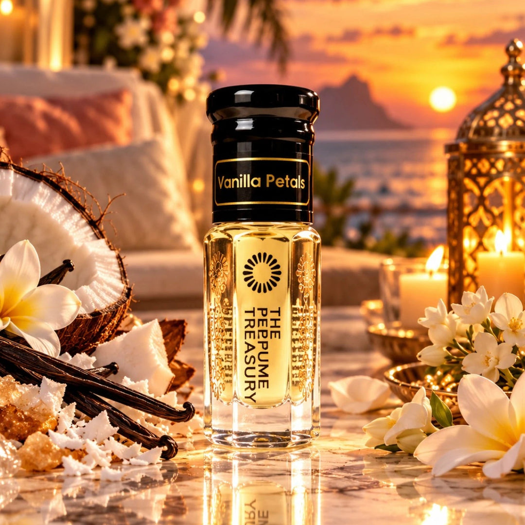 Vanilla Petals perfume oil displayed with vanilla pods, coconut, white flowers and warm sunset luxury décor